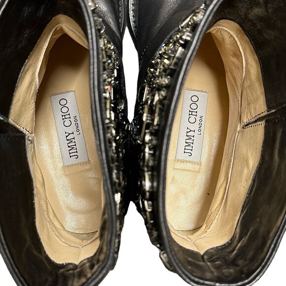 NEW Jimmy Choo Black Leather Biker Boots Gunmetal Crystal Embellished 37 / US 7 - Picture 5 of 10